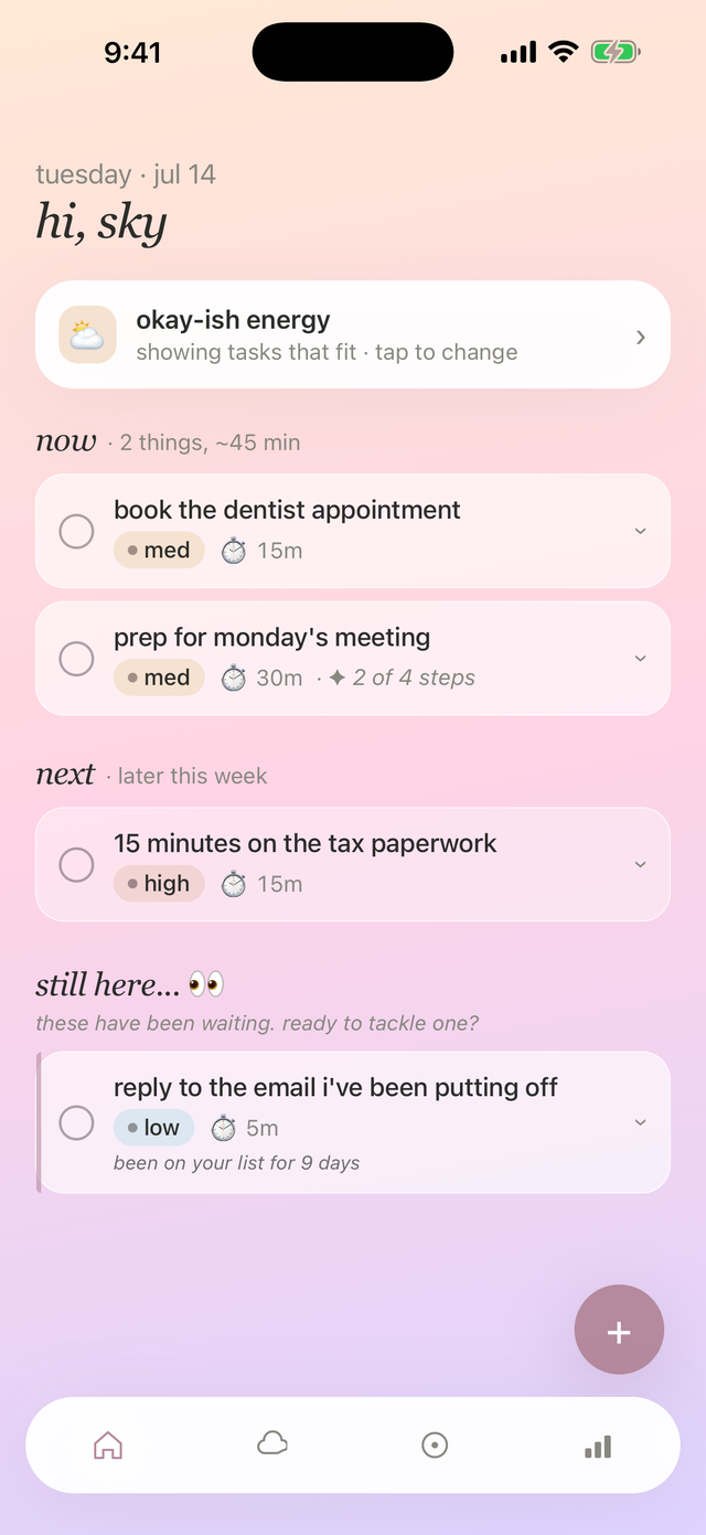 the cloudlist today screen, showing tasks sorted into now and next